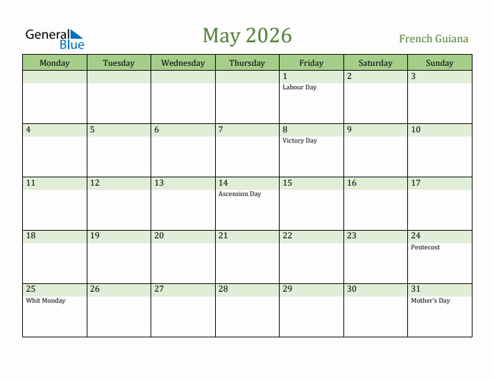 May 2026 Calendar with French Guiana Holidays