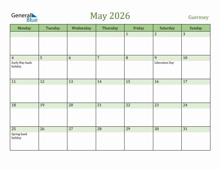 May 2026 Calendar with Guernsey Holidays