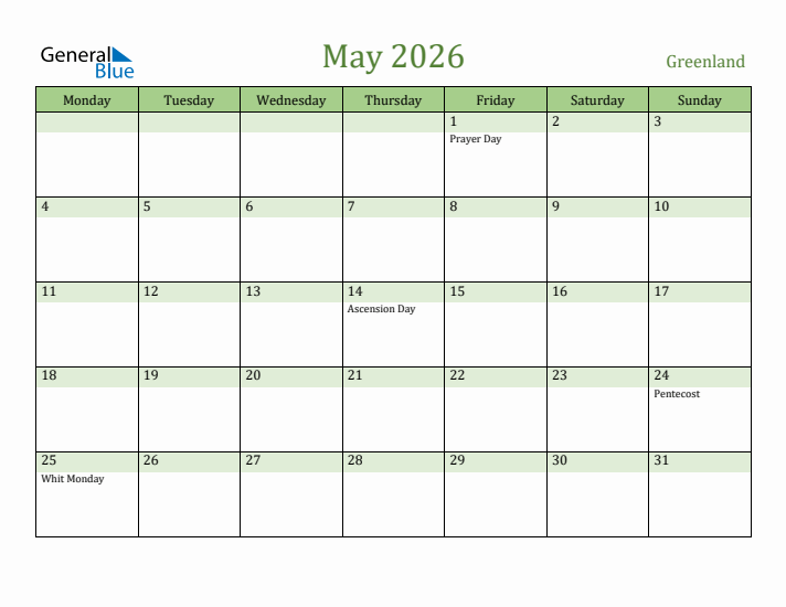 May 2026 Calendar with Greenland Holidays