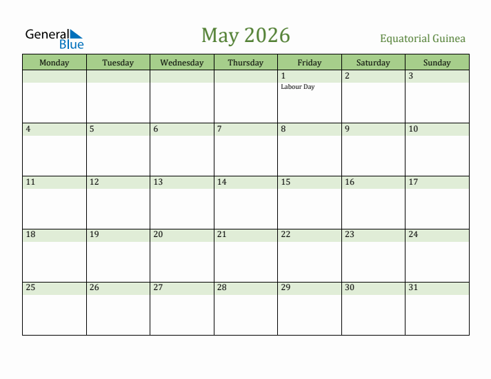 May 2026 Calendar with Equatorial Guinea Holidays