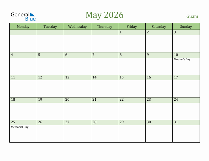 May 2026 Calendar with Guam Holidays