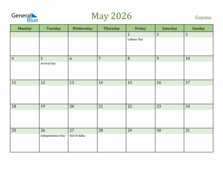 May 2026 Calendar with Guyana Holidays