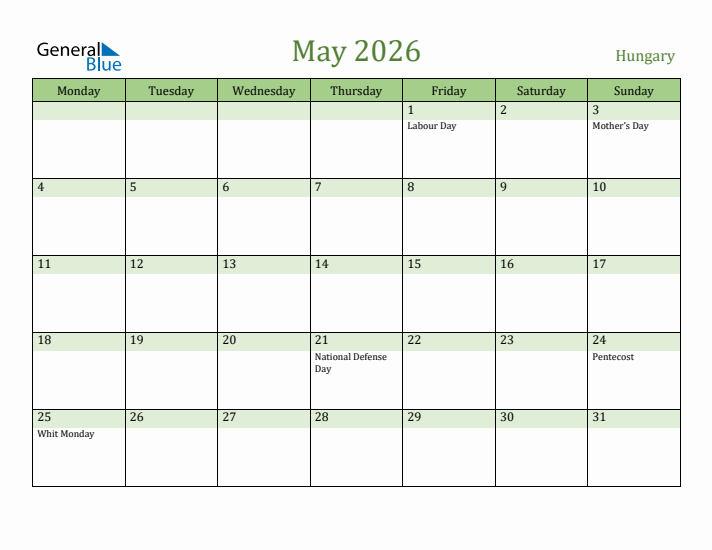 May 2026 Calendar with Hungary Holidays