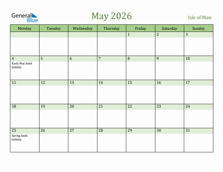 May 2026 Calendar with Isle of Man Holidays