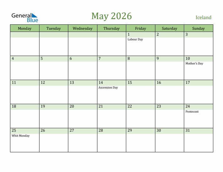 May 2026 Calendar with Iceland Holidays