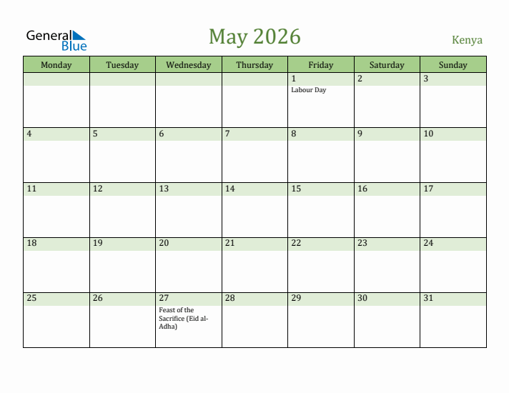 May 2026 Calendar with Kenya Holidays