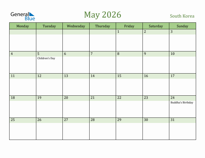 May 2026 Calendar with South Korea Holidays