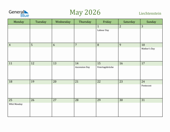 May 2026 Calendar with Liechtenstein Holidays