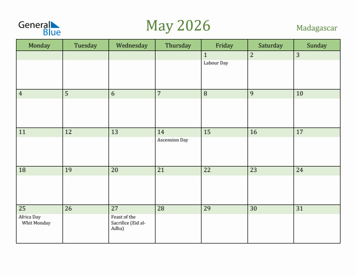 May 2026 Calendar with Madagascar Holidays