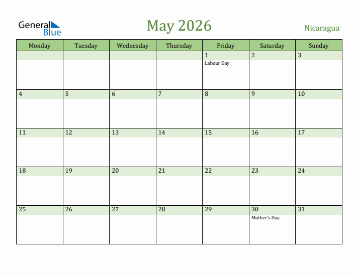 May 2026 Calendar with Nicaragua Holidays