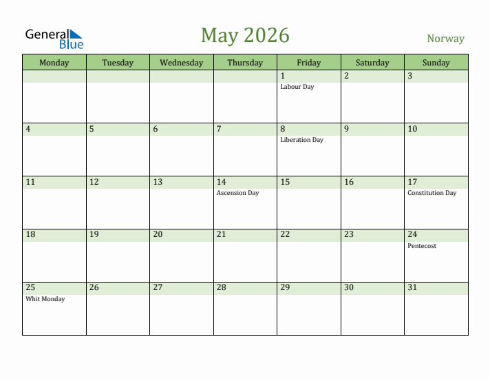 May 2026 Calendar with Norway Holidays