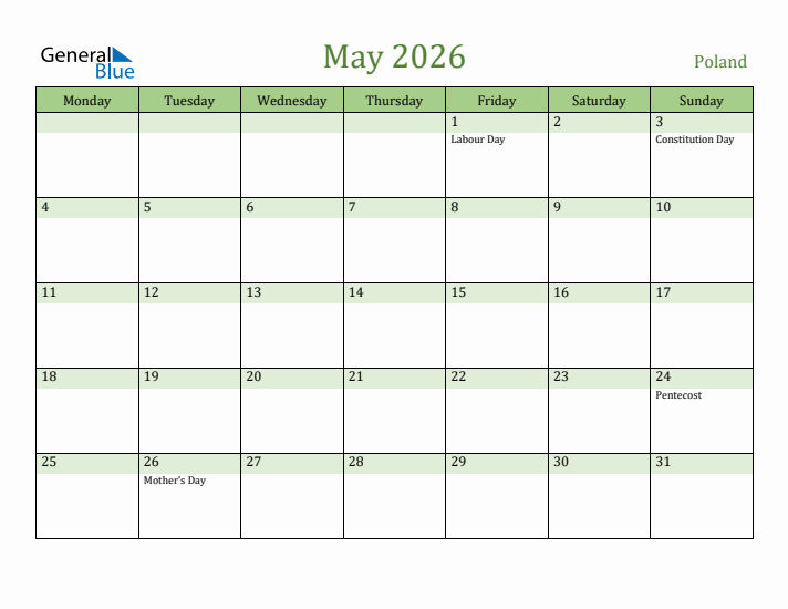 May 2026 Calendar with Poland Holidays