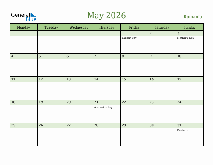 May 2026 Calendar with Romania Holidays