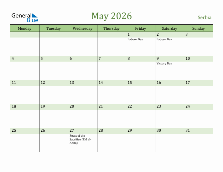 May 2026 Calendar with Serbia Holidays