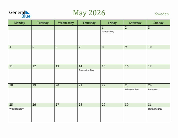 May 2026 Calendar with Sweden Holidays