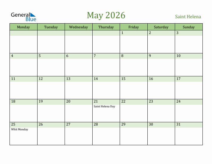 May 2026 Calendar with Saint Helena Holidays