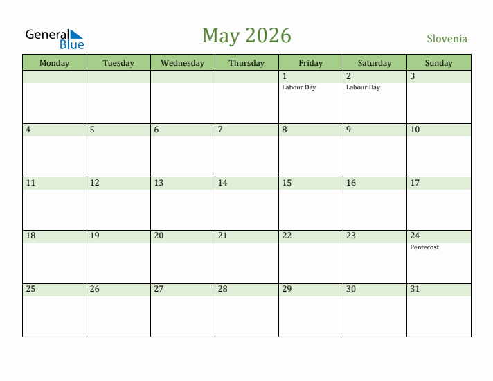 May 2026 Calendar with Slovenia Holidays