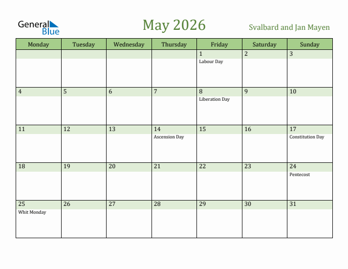 May 2026 Calendar with Svalbard and Jan Mayen Holidays