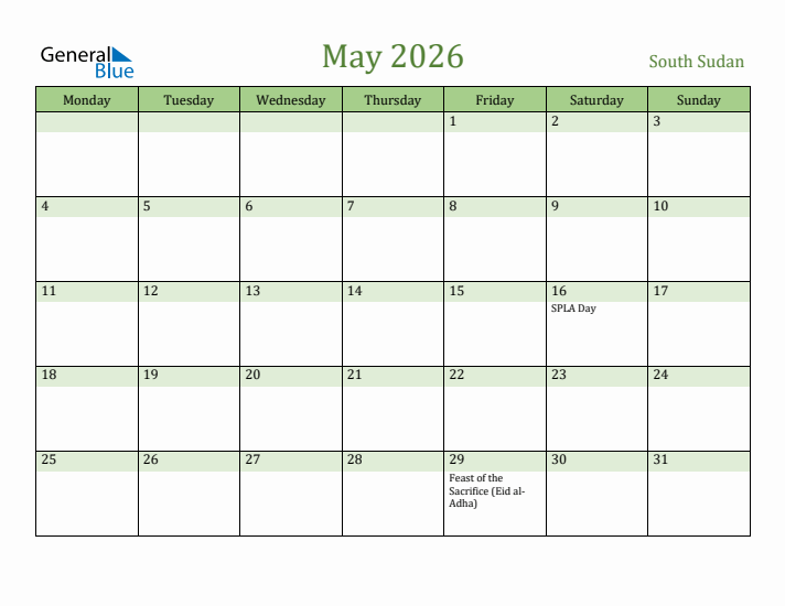 May 2026 Calendar with South Sudan Holidays