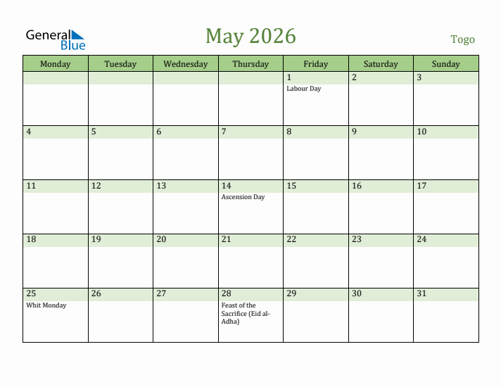 May 2026 Calendar with Togo Holidays