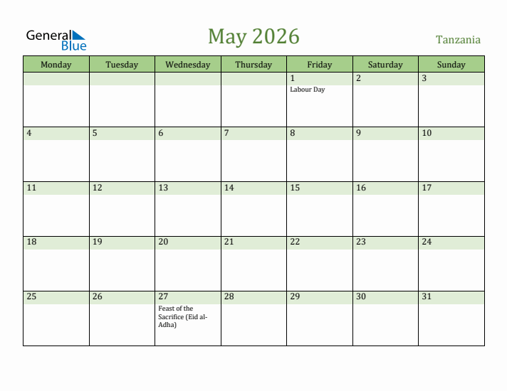 May 2026 Calendar with Tanzania Holidays