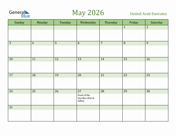 May 2026 Calendar with United Arab Emirates Holidays