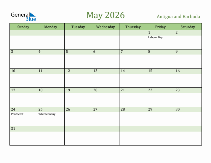 May 2026 Calendar with Antigua and Barbuda Holidays