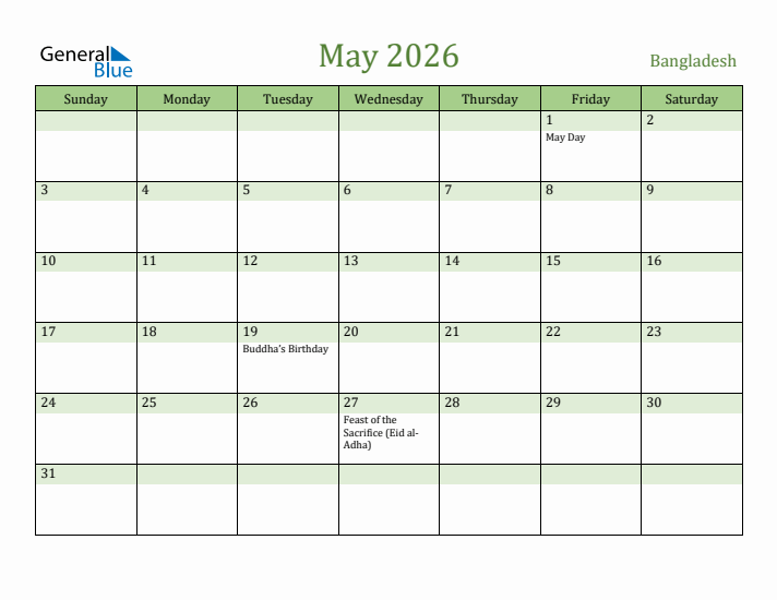 May 2026 Calendar with Bangladesh Holidays