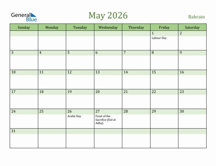 May 2026 Calendar with Bahrain Holidays