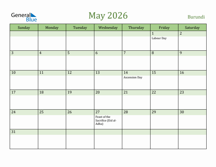 May 2026 Calendar with Burundi Holidays