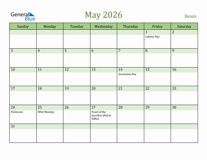 May 2026 Calendar with Benin Holidays