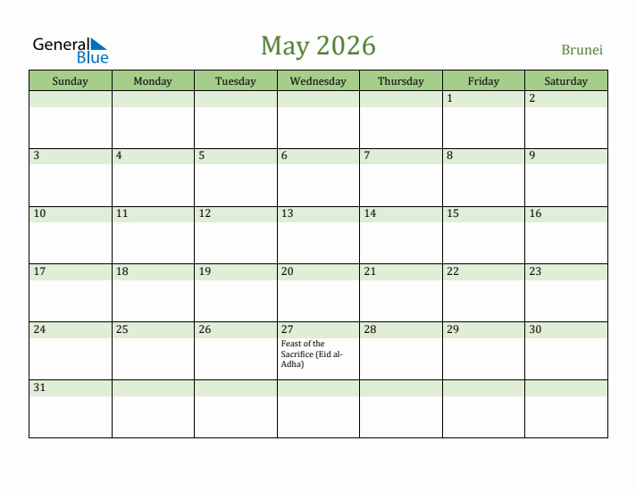 May 2026 Calendar with Brunei Holidays