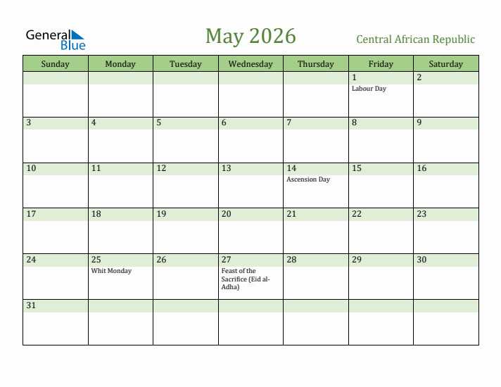 May 2026 Calendar with Central African Republic Holidays