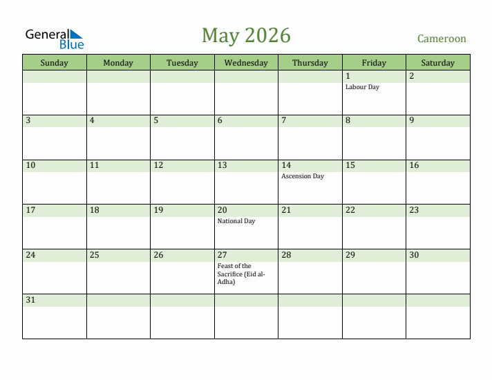 May 2026 Calendar with Cameroon Holidays