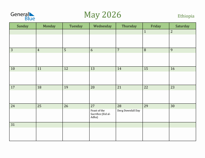 May 2026 Calendar with Ethiopia Holidays