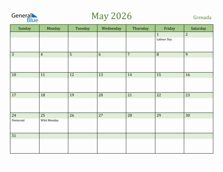 May 2026 Calendar with Grenada Holidays