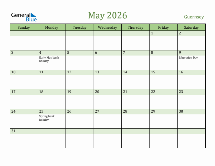 May 2026 Calendar with Guernsey Holidays