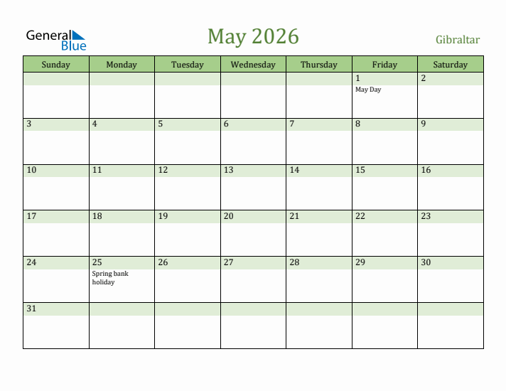 May 2026 Calendar with Gibraltar Holidays