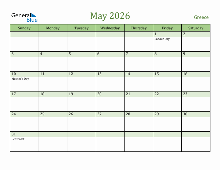 May 2026 Calendar with Greece Holidays