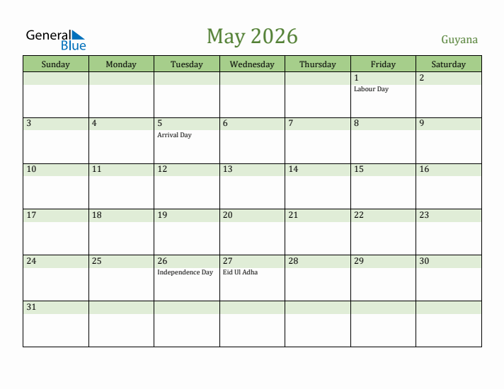 May 2026 Calendar with Guyana Holidays