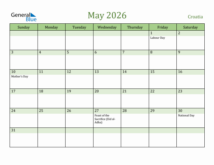 May 2026 Calendar with Croatia Holidays