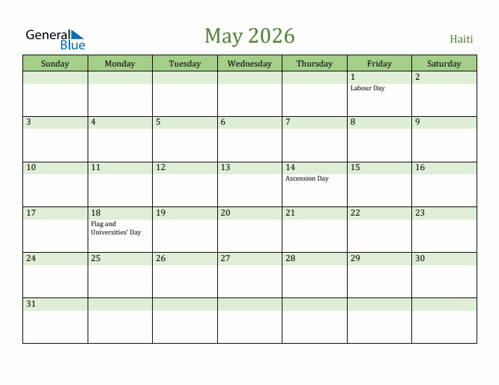 May 2026 Calendar with Haiti Holidays