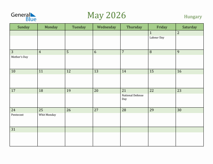 May 2026 Calendar with Hungary Holidays