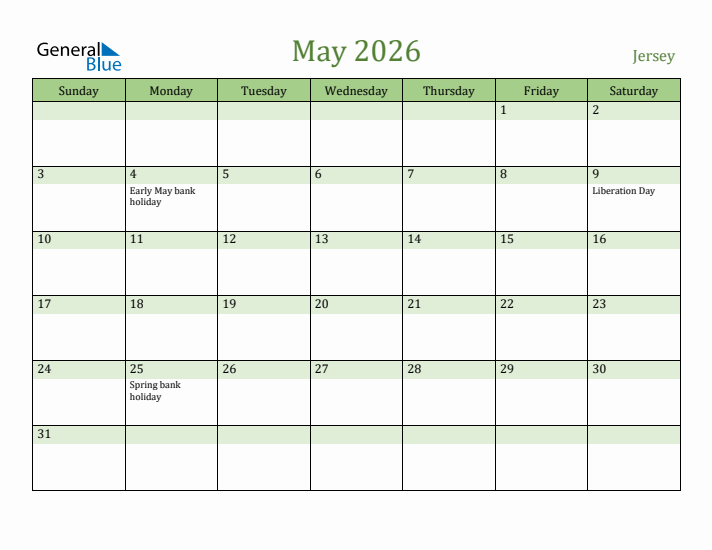 May 2026 Calendar with Jersey Holidays