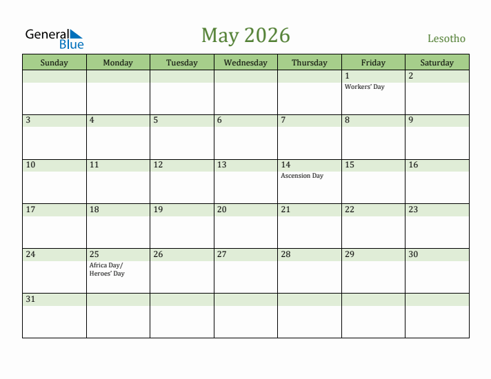 May 2026 Calendar with Lesotho Holidays