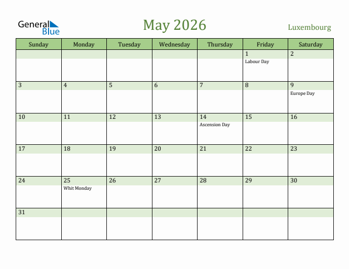 May 2026 Calendar with Luxembourg Holidays