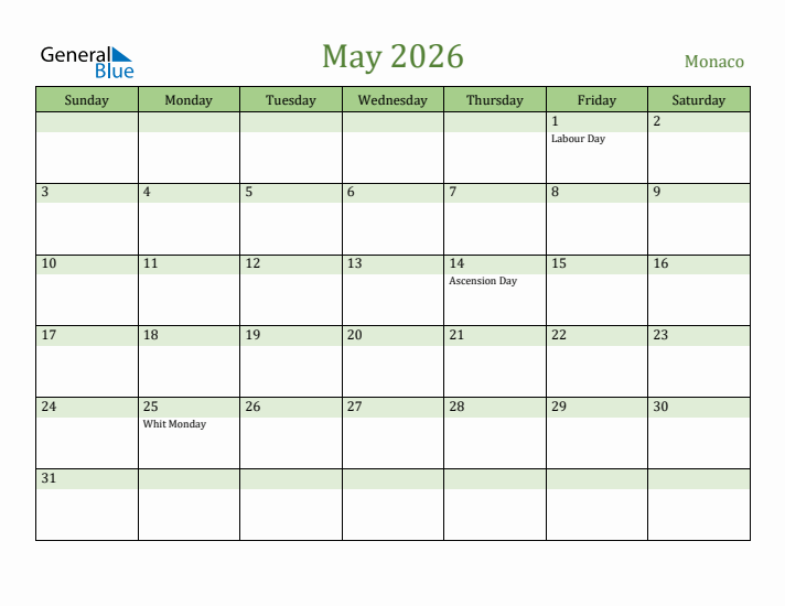 May 2026 Calendar with Monaco Holidays