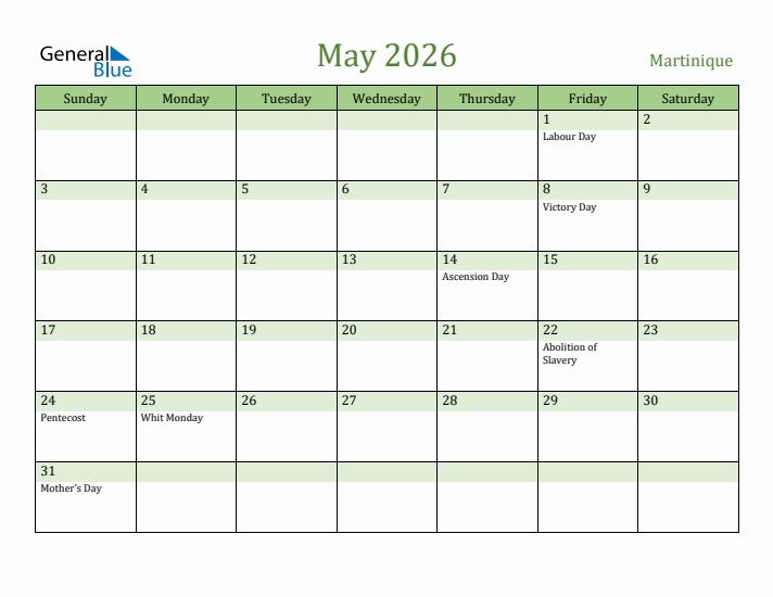 May 2026 Calendar with Martinique Holidays