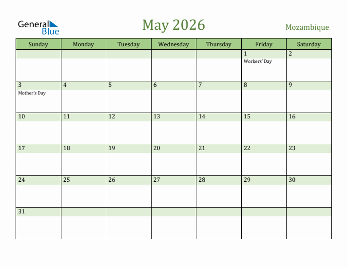 May 2026 Calendar with Mozambique Holidays