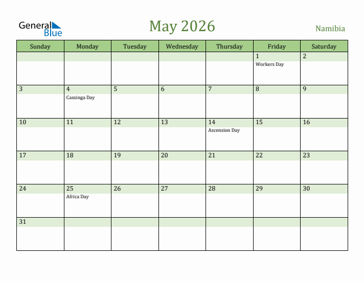 May 2026 Calendar with Namibia Holidays